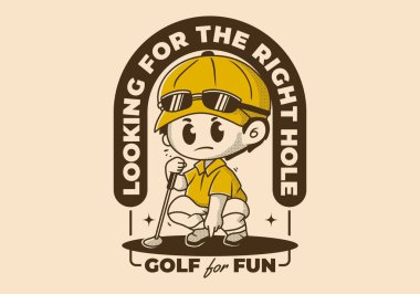 Doğru deliği arıyorum. Elinde golf sopası olan bir adamın klasik karakter çizimi.