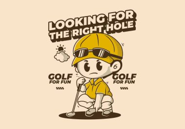 Doğru deliği arıyorum. Elinde golf sopası olan bir adamın klasik karakter çizimi.