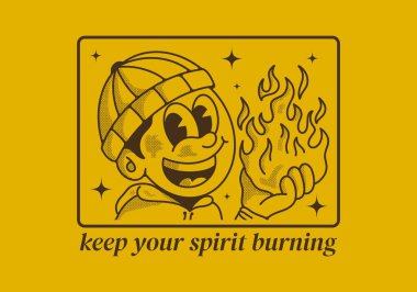 Ruhunu canlı tut. Elinde ateş tutan bereli bir adamın geçmişe dönük çizimi.