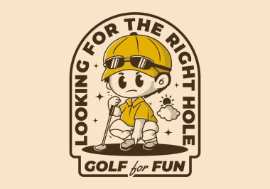 Doğru deliği arıyorum. Elinde golf sopası olan bir adamın klasik karakter çizimi.