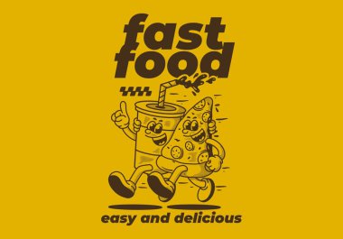 Fast food, kolay ve lezzetli. Maskot karakteri çizimi. Pizza ve meşrubat.