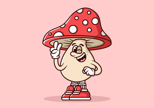 Mascot character illustration of mushroom with hand form a symbol of peace. Red color