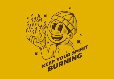 Ruhunu canlı tut. Elinde ateş tutan bereli bir adamın geçmişe dönük çizimi.