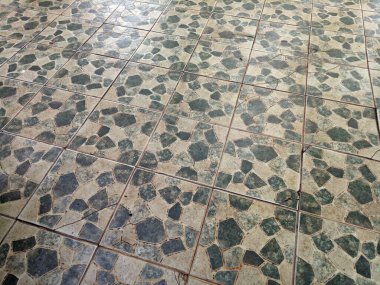 Bahçe zemininin beyaz ve koyu yeşil soyut bir motifi var. Birkaç tarafı çatlamış.