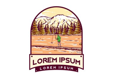 Gölde orman ve dağ manzaralı balık tutan bir adamın klasik çizim rozeti.