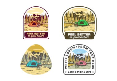 Doğada kamp yapmak. Klasik açık hava illüstrasyon rozet tasarımı