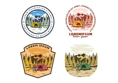 Doğada kamp yapmak. Klasik açık hava illüstrasyon rozet tasarımı