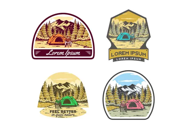 Doğada kamp yapmak. Klasik açık hava illüstrasyon rozet tasarımı