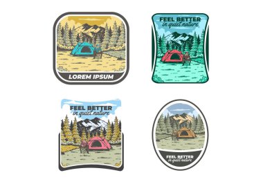 Doğada kamp yapmak. Klasik açık hava illüstrasyon rozet tasarımı
