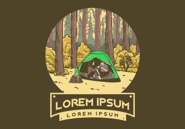 Ortağımla doğada kamp yapıyorum. Klasik açık hava illüstrasyon tasarımı