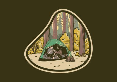 Ortağımla doğada kamp yapıyorum. Klasik açık hava illüstrasyon tasarımı