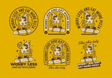 Daha az endişelen ve daha çok pizza ye. Kaykay üzerinde zıplayan pizza karakterinin geçmişe dönük çizimi