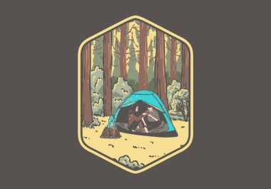 Ortağımla doğada kamp yapıyorum. Klasik açık hava illüstrasyon tasarımı