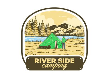 Nehir kenarındaki kamp. Klasik açık hava illüstrasyon rozet tasarımı