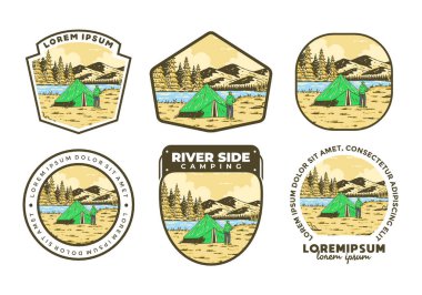Nehir kenarındaki kamp. Klasik açık hava illüstrasyon rozet tasarımı