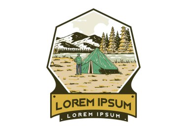 Nehir kenarındaki kamp. Klasik açık hava illüstrasyon rozet tasarımı