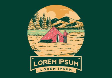 Nehir kenarındaki kamp. Klasik açık hava illüstrasyon rozet tasarımı