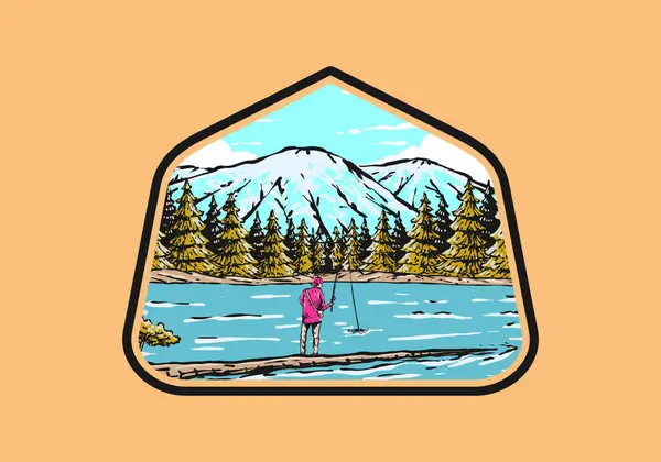 Vintage Ilustracja Odznaka Człowieka Połowów Jeziorze Widokiem Las Góry — Wektor stockowy
