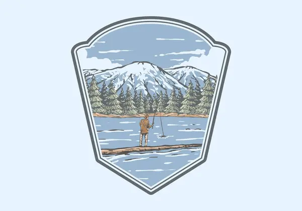 Insignia Ilustración Vintage Hombre Pescando Lago Con Vista Bosque Montaña — Vector de stock