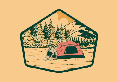 Doğada tek başına kamp yapmak. Klasik açık hava illüstrasyon rozet tasarımı