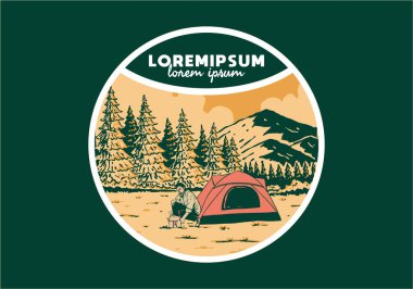 Doğada tek başına kamp yapmak. Klasik açık hava illüstrasyon rozet tasarımı