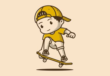 Kaykaya atlayan bir çocuğun maskot karakteri çizimi