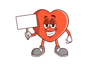 Kalp maskotu karakteri boş bir tahta çizim tasarımı tutuyor