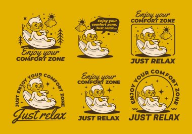 Rahat bölgenizin tadını çıkarın. Retro Maskot karakteri çizimi. Muza oturan şirin maymun.