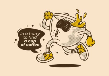 Bir fincan kahve bulmak için acele ediyorum. Eski tarz kahve fincanı çizimi çalıştırılıyor