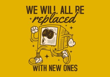 Bilgisayar, eski model tarzında çalışan karakter illüstrasyonunu izler