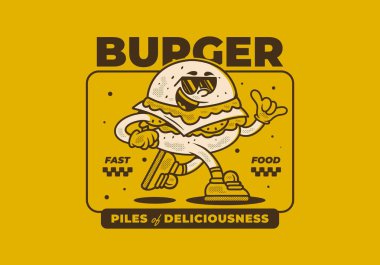 Hamburger, lezzet yığını. Koşu pozisyonunda hamburgerin klasik maskot karakteri çizimi