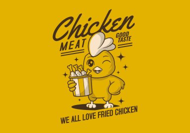 Hepimiz kızarmış tavuğa bayılırız. Retro maskot karakteri, tavuk ya da horozun elinde bir fincan kızarmış tavuk olduğunu gösteriyor.