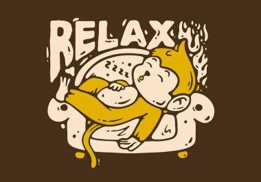 Monkey relaxing on the sofa character illustration design in dark background clipart