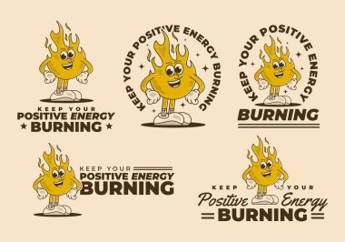 Pozitif enerjini açık tut. Retro Maskot karakteri, ateş alevinin altı biçimli yansıması.