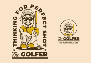 Golfçü, mükemmel şutu bekliyor. Golf sopası tutan eski bir golfçü karakteri, çizim tasarımı