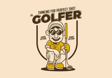 Golfçü, mükemmel şutu bekliyor. Golf sopası tutan eski bir golfçü karakteri, çizim tasarımı