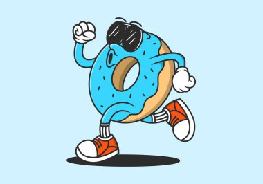 Donut, dünyayı döndür. Koşu pozisyonunda, mavi renklerde donutun klasik retro maskot karakteri