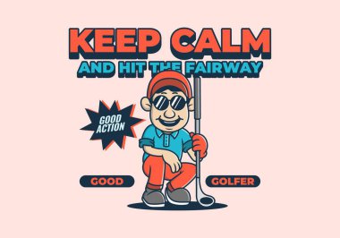 Sakin ol ve çim yoluna git. Golf sopası tutan golfçü karakteri çizimi