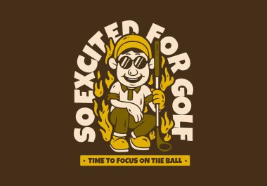 Golf için çok heyecanlıyım. Ateş Alevi Çizimi Tasarımlı Golf Çocuğu Karakteri. retro vintage renkleri