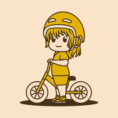 Chibi kawaii küçük bir kızın denge bisikleti süren ya da eski tarz bisiklet süren karakteri.