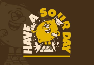 Barış sembollü mutlu limon maskotu. Kötü bir gün geçir. Retro illüstrasyon tasarımı