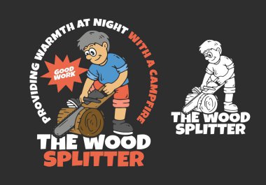 Wood splitter mascot character is splitting wood using a chainsaw. Flat art illustration in 2 color type clipart