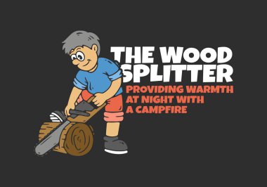 Wood splitter mascot character is splitting wood using a chainsaw. Flat art illustration good for sticker print clipart