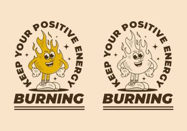 Pozitif enerjini açık tut. Retro Maskot karakteri, ateş alevinin dik duruş görüntüsü.