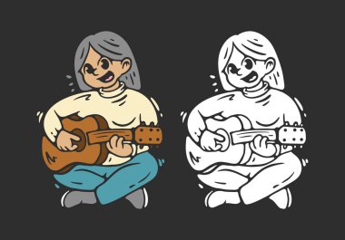 Gitar tutan kız karakter, düz çizim tasarımı.