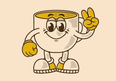 Elleri geçmişe dönük bir barış sembolü oluşturan kahve fincanının karakter maskotu çizimi.