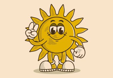 Barış sembolünde Mutlu Güneş maskotu karakteri çizimi. Retro renklerde