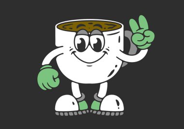 Elleri barış sembolü oluşturan kahve fincanının karakter maskotu çizimi. Koyu arkaplanda