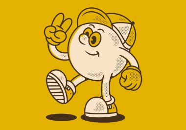 Yürüyen top kafalı maskotun elleri barış sembolü oluşturan bir şapkası var. Sarı arkaplan