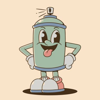 Eller kalçada. Retro sprey boyayla boyanmış yeşil pastel renkte maskot, gülen surat.